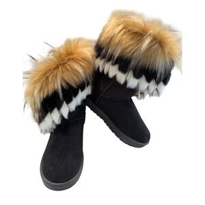 Fashion Faux Fur Trim Snow Boots Womens 40 Black Tan White Suede Style Winter